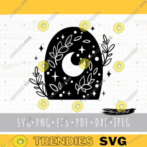Mystical Moon SVG Celestial floral Moon SVG boho crescent Moon PNG clip art Witchy Moon and stars svg files for cricut Night sky svg