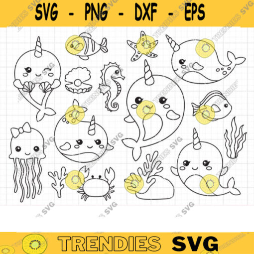 Narwhal Outline Coloring SVG Cute Narwhal and Fishes Digital Stamp PNG Clipart Sea Ocean Animal Clipart for Kid Coloring Activity Svg Dxf copy