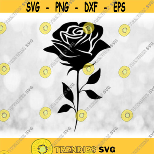 Nature Clipart Large Black Only Simple Easy Beautiful Full Bloom Rose on Stem with Decorative Leaves Digital Download SVG PNG Design 169