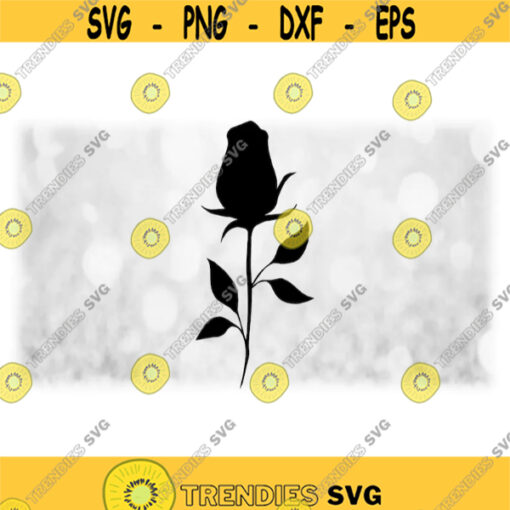 Nature Clipart Large Black Only Simple Easy Elegant Beautiful Rose Bud on Stem with Decorative Leaves Digital Download SVG PNG Design 953