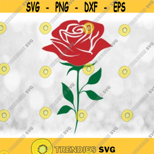 Nature Clipart Large Red and Green Simple Easy Beautiful Full Bloom Rose on Stem with Decorative Leaves Digital Download SVG PNG Design 161