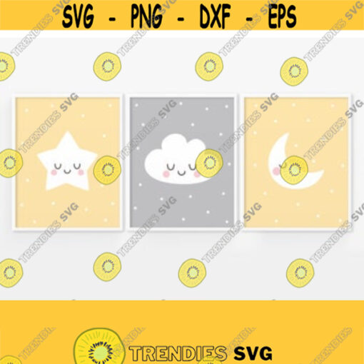 PRINTABLE Star Cloud Moon Nursery Decor. Set of 3 Posters. Yellow and Grey Baby Room Wall Art Children Bedroom Digital Instant Download Design 128