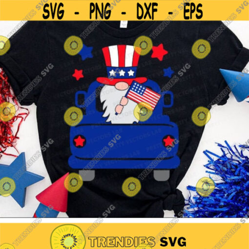 Patriotic Truck Svg Gnome Truck Svg 4th of July Svg USA Old Truck Cut Files Gnome with American Flag Svg Dxf Eps Png Silhouette Cricut Design 3063 .jpg