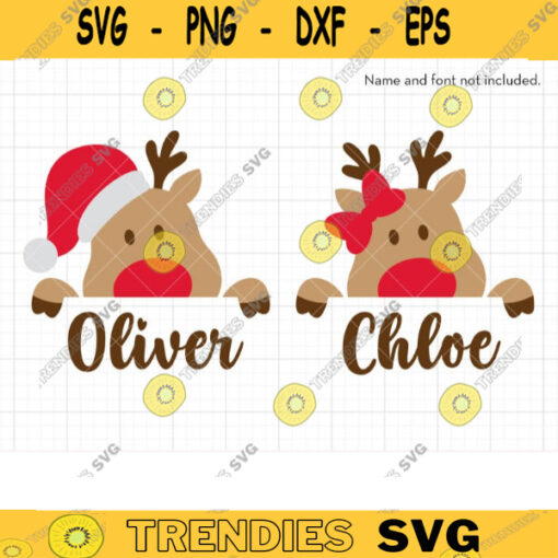 Peeking Reindeer Face Svg Reindeer Name Frame Svg Png Reindeer with Santa Hat and Bow Personalized Kid Christmas Shirt Svg Cut File DXF copy