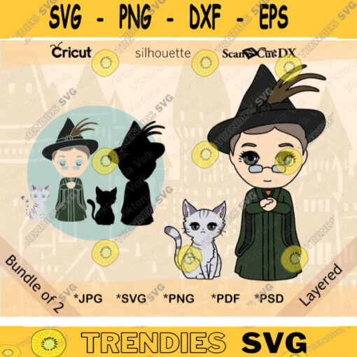 Professor and Cat Bundle SVG Clipart Cute Witch Cut File Magic Teacher Vector Art Chibi School of Magic Professor Color PNG