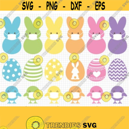 Quarantine Easter Peeps SVG. Cute Marshmallow Bunny with Mask Clipart PNG. Chicks Cut Files. Easter Eggs Vector DXF Cutting Machine Download Design 325