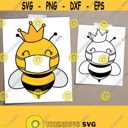 Queen Bee with Mask SVG. Bee with Crown Cut Files. Quarantine Vector Covid Kids Honeybee Clipart Doodle Instant Download dxf eps png jpg pdf Design 789