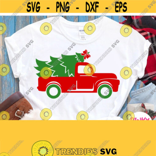 Red Truck with Christmas Tree Bow Svg Girl Christmas Shirt Svg Cricut Silhouette Cuttable Layered File Svg Dxf Png Printable Iron on Design 635