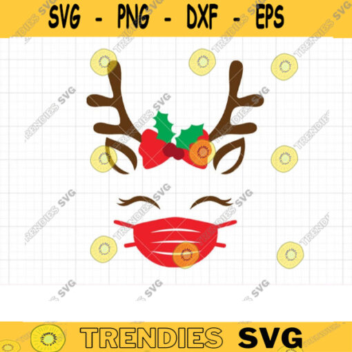 Reindeer Face with Mask SVG Cute Girl Reindeer Face with Holly Berries Bow and Face Mask Svg Dxf Cut Files for Cricut and Silhouette Clipart copy