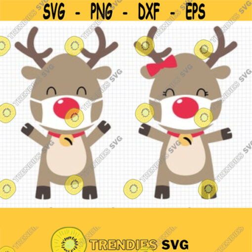 Reindeer with Mask SVG. Boy and Girl Reindeer Vector Files Cutting Machine. Quarantine Kids Christmas Clipart Cut Files png dxf eps jpg pdf Design 80