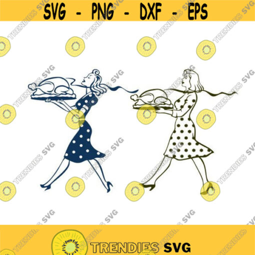 Retro Women Cooking Turkey Thanksgiving Cuttable Design SVG PNG DXF eps Designs Cameo File Silhouette Design 974