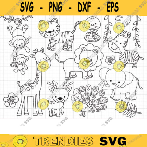 Safari Animals Outline Coloring SVG Clipart Wild Jungle Animals Lion Tiger Deer Giraffe Kid Party Coloring Activity Svg Dxf PNG Clipart copy