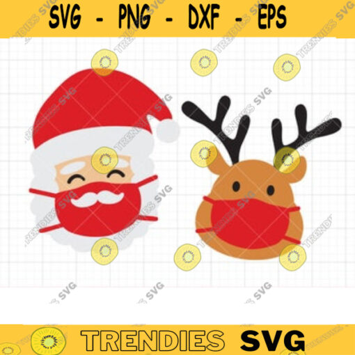 Santa Clause and Reindeer with Face Mask SVG Cut Files Christmas Santa and Reindeer Wearing Red Face Mask Covering Svg Dxf Png Clipart copy