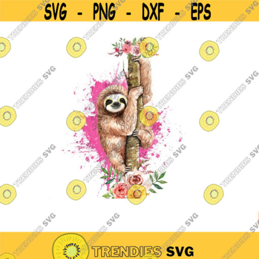 Sloth on tree with flowers sublimation designs downloads watercolor sloth digital files clip art PNG JPG