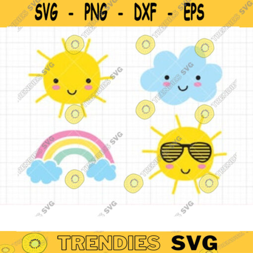Smiling Sun SVG DXF Happy Sun with Face Wearing Sunglasses Weather Summer Rainbow Cloud svg dxf Cut File Clipart copy