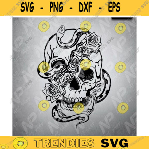 Split skull with roses Svg skull with Snake halloween skull spooky retro grunge western skeleton Svg for Cricut Design 461 copy
