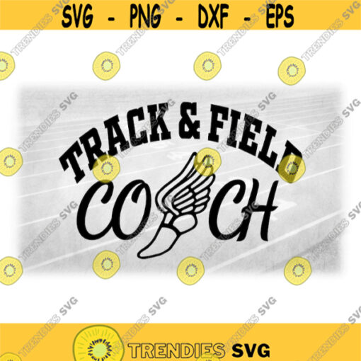 Sports Clipart Arched Black Block Words Track Field and Fancy Script Word Coach with Winged Shoe Symbol Digital Download SVG PNG Design 615