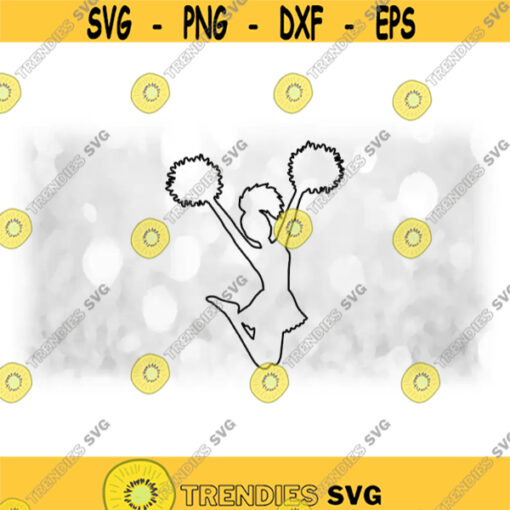 Sports Clipart Black Cheerleader Silhouette Outline Jumping Up in the Air with Bent Knees and Two Pom Poms Digital Download SVG PNG Design 1728