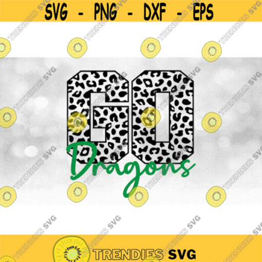 Sports Clipart Black Leopard Skin Cheetah Pattern Word GO with Green Team Mascot Name Overlay Dragons Digital Download SVG PNG Design 1644