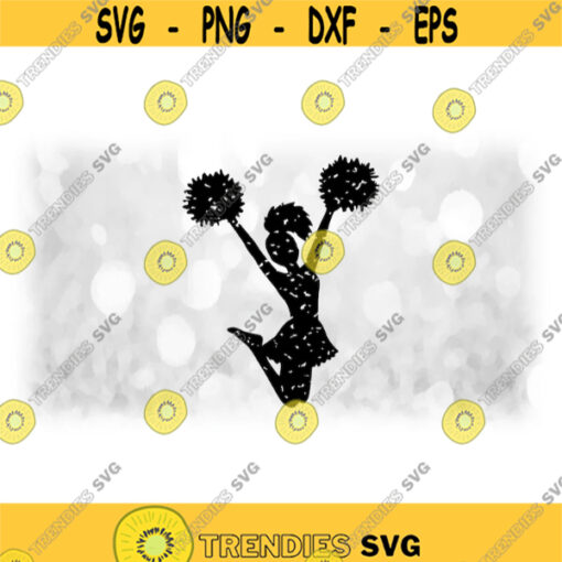 Sports Clipart Distressed or Grunge Cheerleader Silhouette Jumping in Air with Bent Knees and Pom Poms Black Digital Download SVG PNG Design 1726