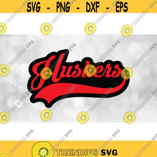 Sports Clipart Huskers Team Name in Baseball Type Lettering with Swoosh Underline Red on Black Layers Digital Download SVG PNG Design 1524