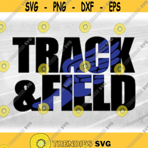 Sports Clipart Large Black Bold Words Track and Field with Blue Mercury or Hermes Winged Track Shoe Overlay Digital Download SVG PNG Design 385