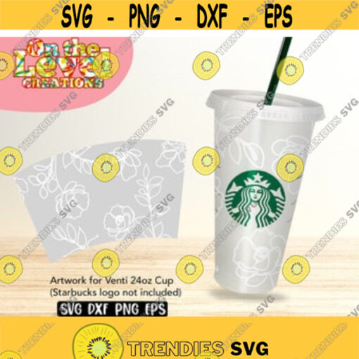 Starbucks cup Floral line art Seamless SVG Venti cup 24 oz wrap dxf png eps Flowers leaves Design 149