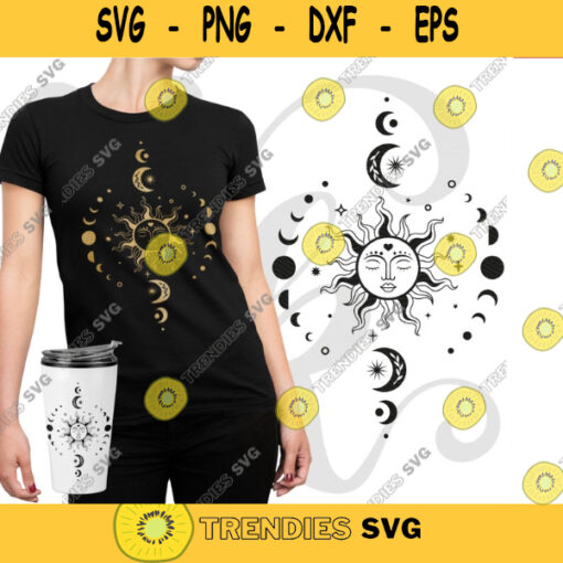 Sun and moon svg designs with moon phase boho svg celestial svg mystical print for Cricut magic moon svg silhouette png dxf clipart 263