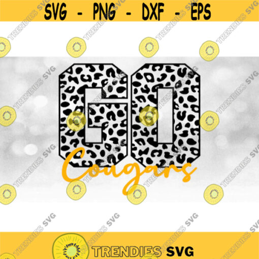 TeamMascotSchool Clipart Black Leopard Skin Cheetah Pattern Word GO w Yellow Team Name Overlay Cougars Digital Download SVG PNG Design 565
