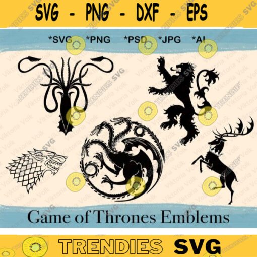Thrones Game Animal Crests SVG House Emblems Silhouette Three Headed Dragon Wolf Lion Kraken Deer