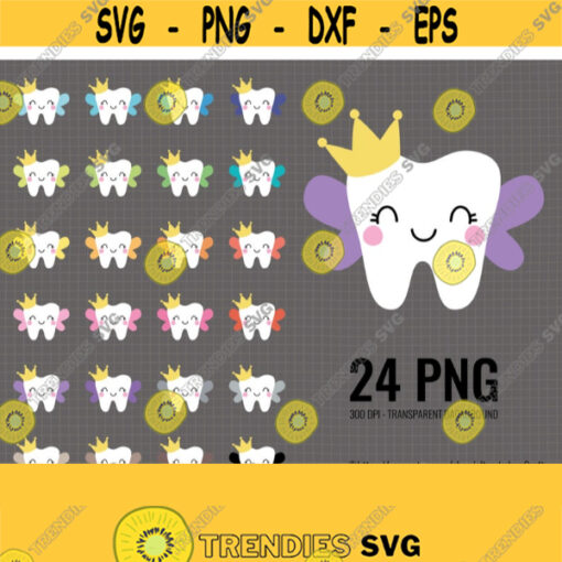 Tooth Fairy Clipart. Digital Girl Tooth with Crown Clip Art Kawaii Winged Tooth Icons Planner Printable Stickers. Tooth Fairy Bag PNG Design 626