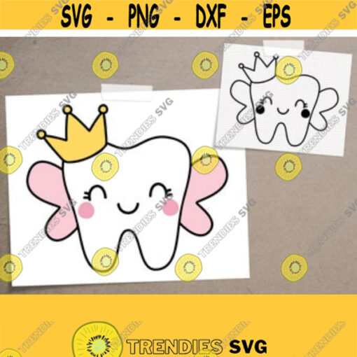 Tooth Fairy SVG. Cute Girl Tooth with Crown Cut Files. Vector Kawaii Winged Tooth Clipart. Cutting Machine Download dxf eps png jpg pdf Design 28