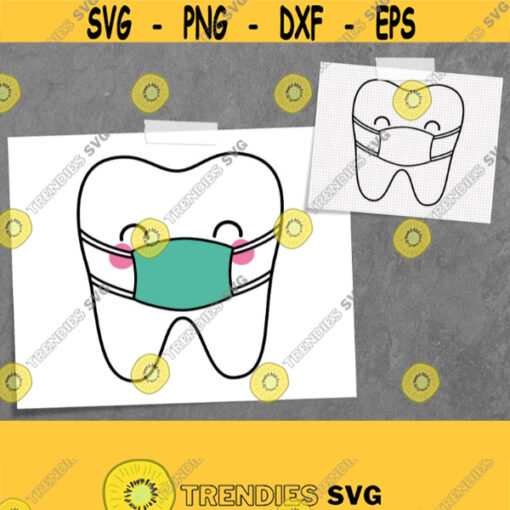 Tooth with Mask SVG. Covid Cut Files. Vector Kids Dentist Clipart. Cute Kawaii Teeth Illustration. Dental Download dxf eps png jpg pdf Design 586