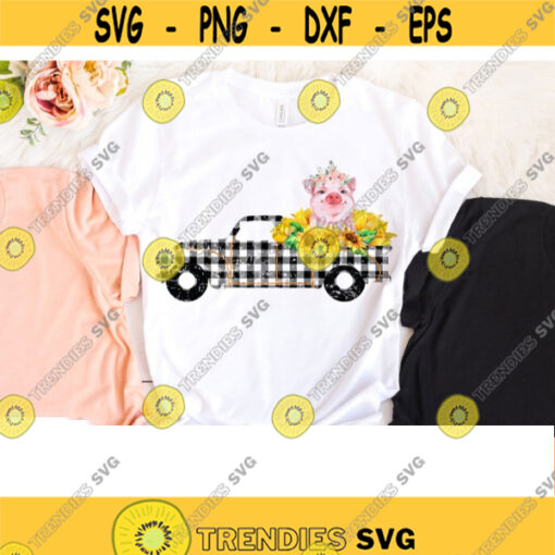 Vintage truck with pig pig with flowers png plaid truck sunflower truck sublimation designs sunflower clipart pig with sunflower