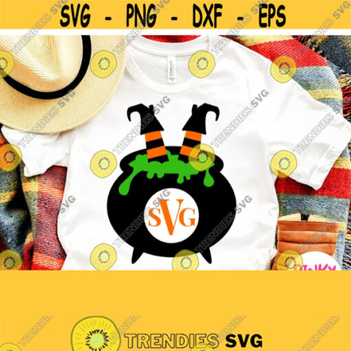 Witch Pot Svg Halloween Monogram Svg Childish Design With Cauldron and Witch Legs Personalize Baby Halloween Shirt Svg Dxf Png Jpg Design 417