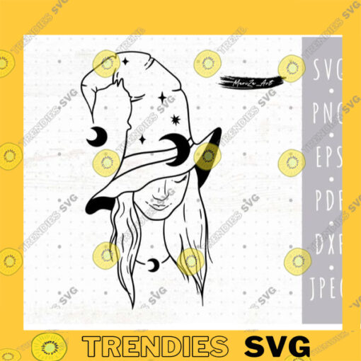 Witch SVG Halloween celestial witch SVG file for cricut Witch in hat PNG clip art Woman face svg Witchy mystical svg Moon svg