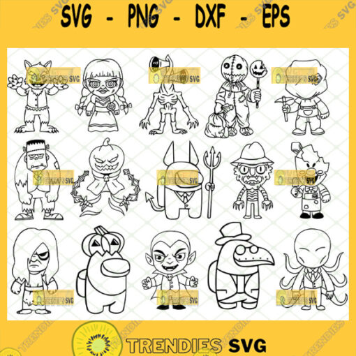 baby chibi halloween characters svg bundle outline