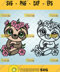 Sloth With Flower Crown Svg Floral Sloth Svg Outline And Color Svg Cut Files Svg Clipart Silhoue